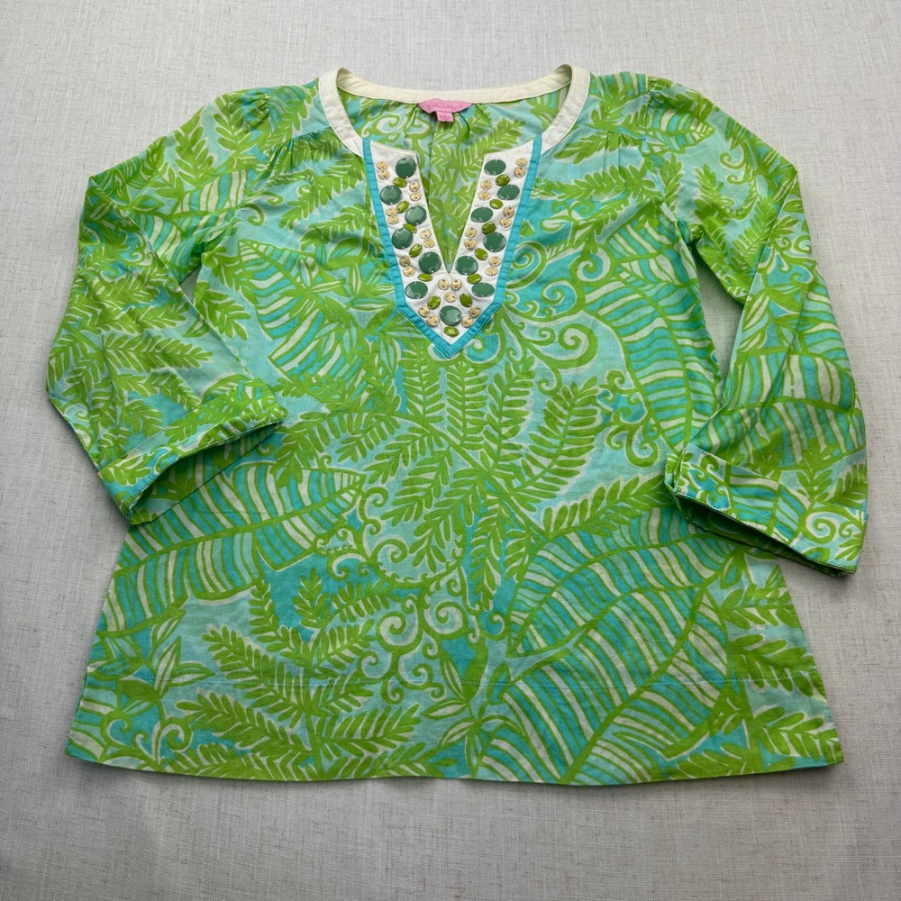 Lilly Pulitzer Tunic Women Small Green Turquoise Tropical Beaded Palm Beach Boho